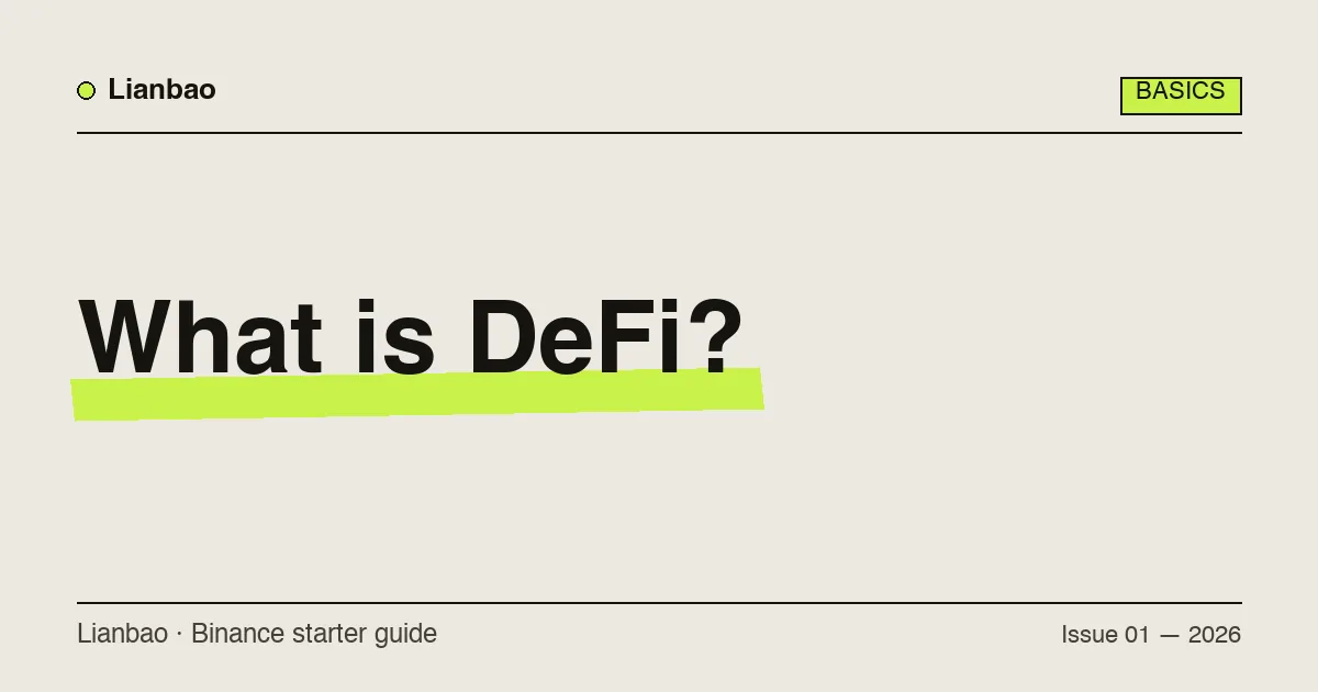 A concept illustration of decentralized finance (DeFi), showing the three common types — DEX, lending, and staking — with a risk reminder