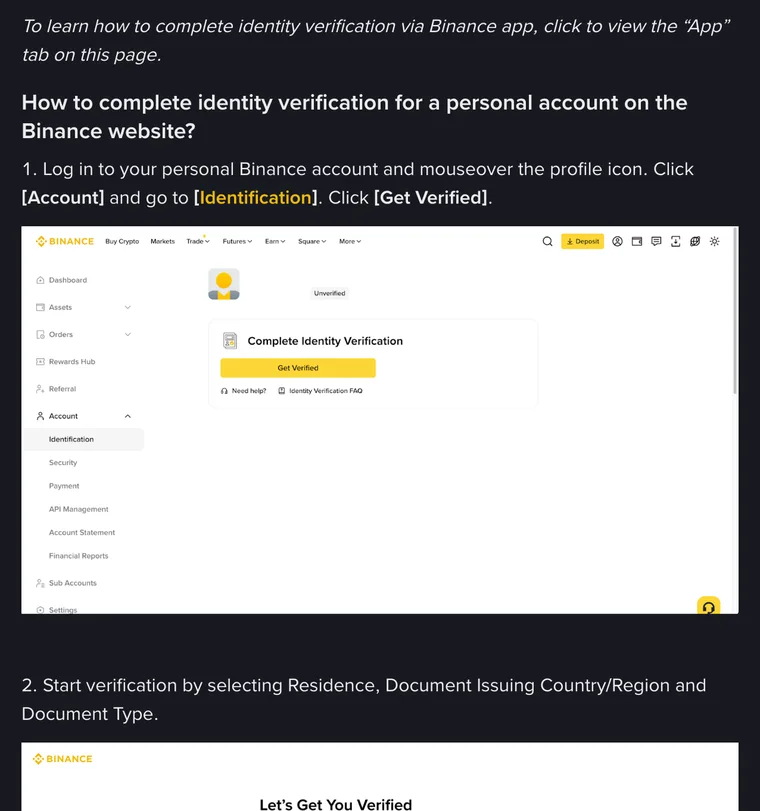 An Unverified Binance dashboard with Identification highlighted in the left menu and a yellow Get Verified button, shown as step 1 of the website verification guide
