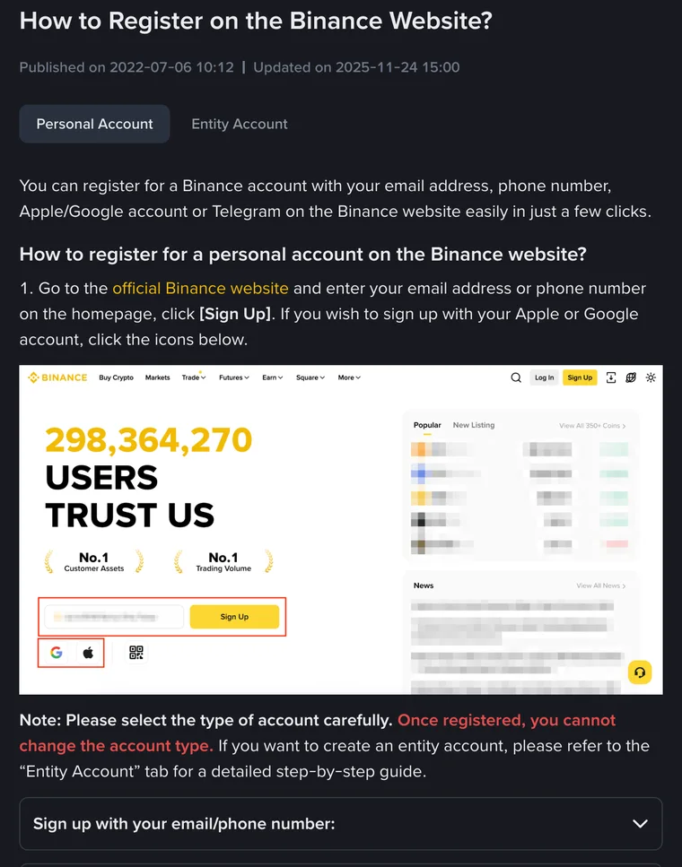 Step 1 of Binance's help page on registering a personal account on the website: the homepage email or phone field and yellow Sign Up button boxed in red, the Google and Apple icons boxed below, then a red note that the account type cannot be changed